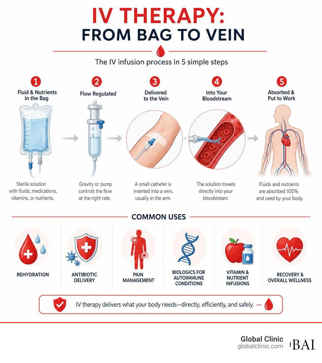 Diagram showing the IV infusion process from bag to vein with key steps and common uses infographic