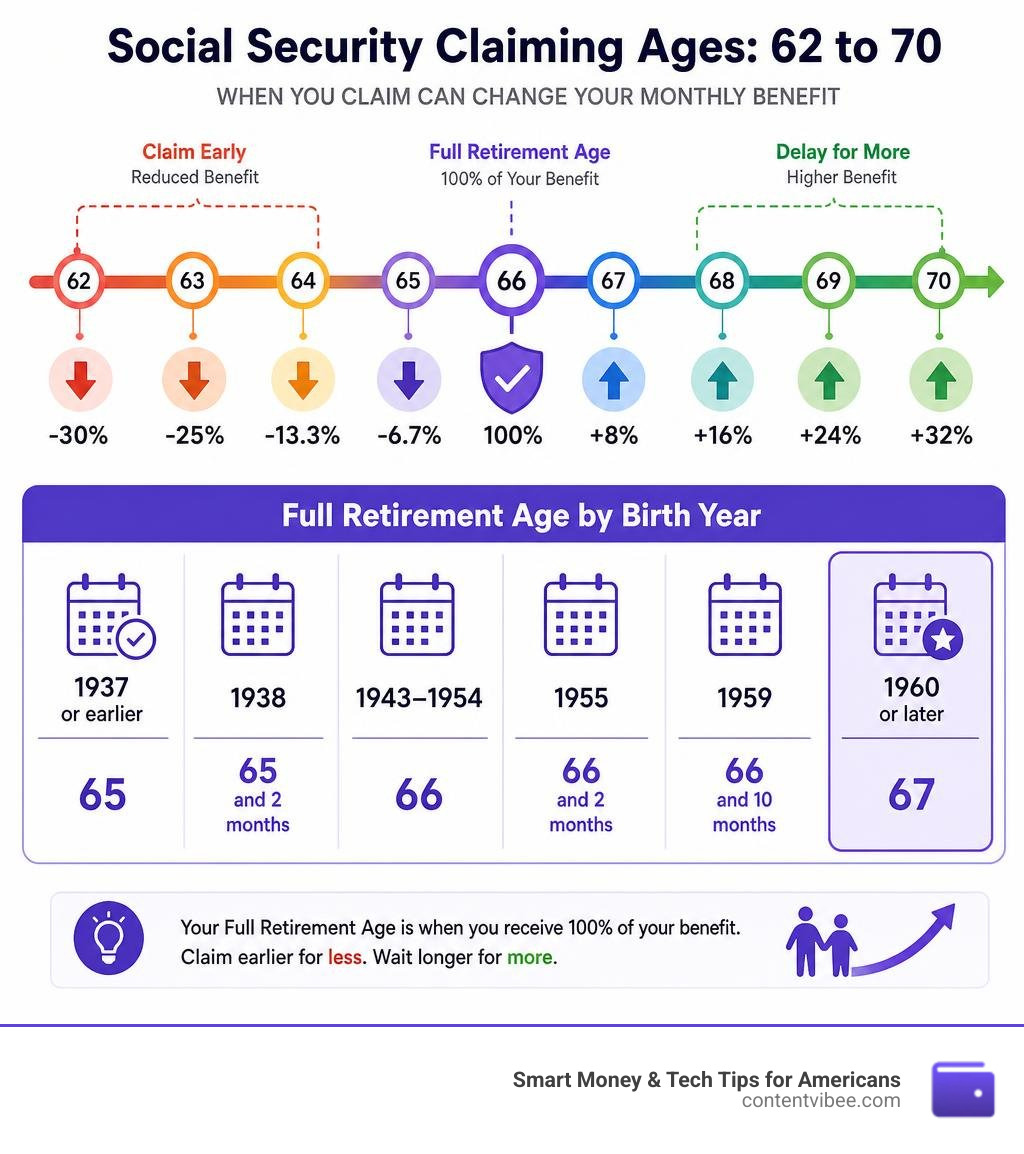 Timeline infographic showing Social Security claiming ages from 62 to 70 and benefit impact by birth year infographic