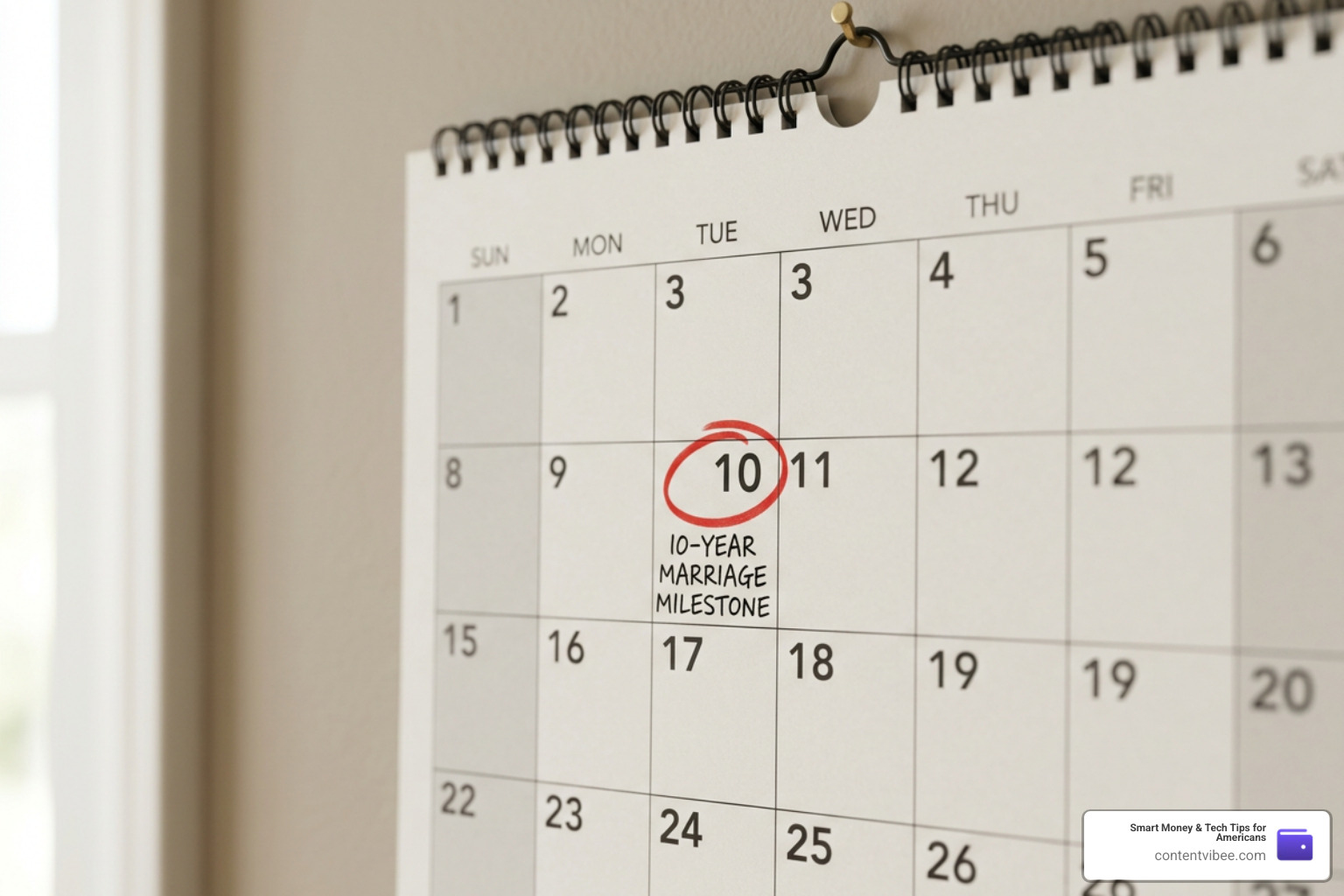 Calendar highlighting a 10-year milestone for marital duration