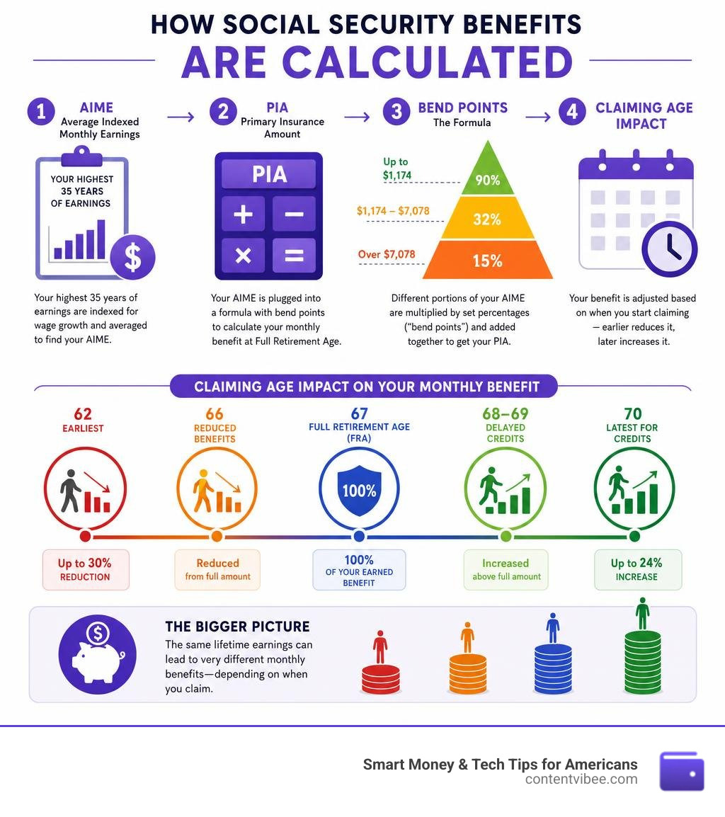 Infographic showing how Social Security benefits are calculated: AIME, PIA, bend points, and claiming age impact infographic Infographic showing how Social Security benefits are calculated: AIME, PIA, bend points, and claiming age impact infographic