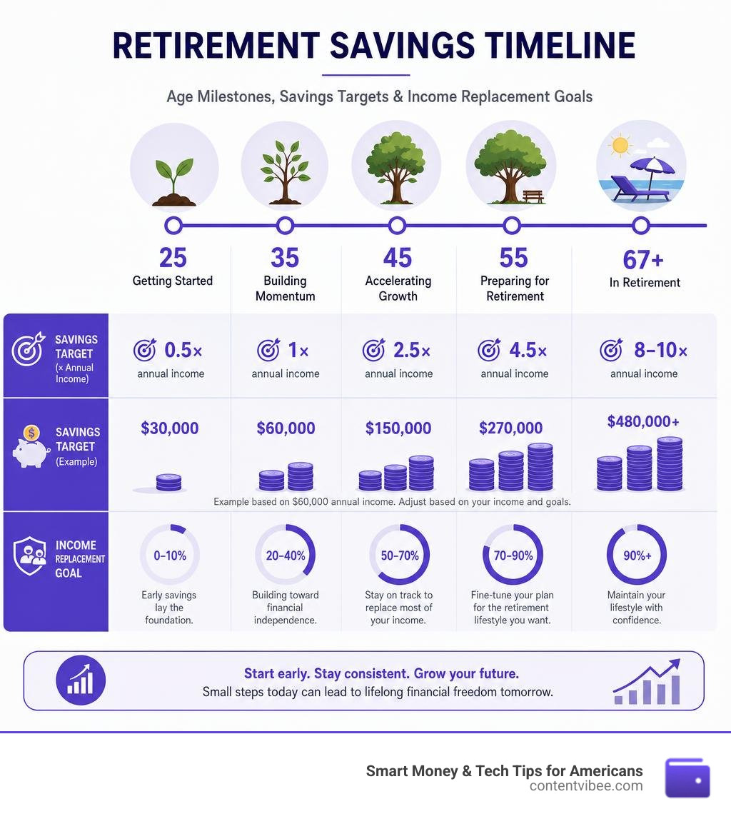 Retirement savings timeline infographic showing age milestones, savings targets, and income replacement goals infographic