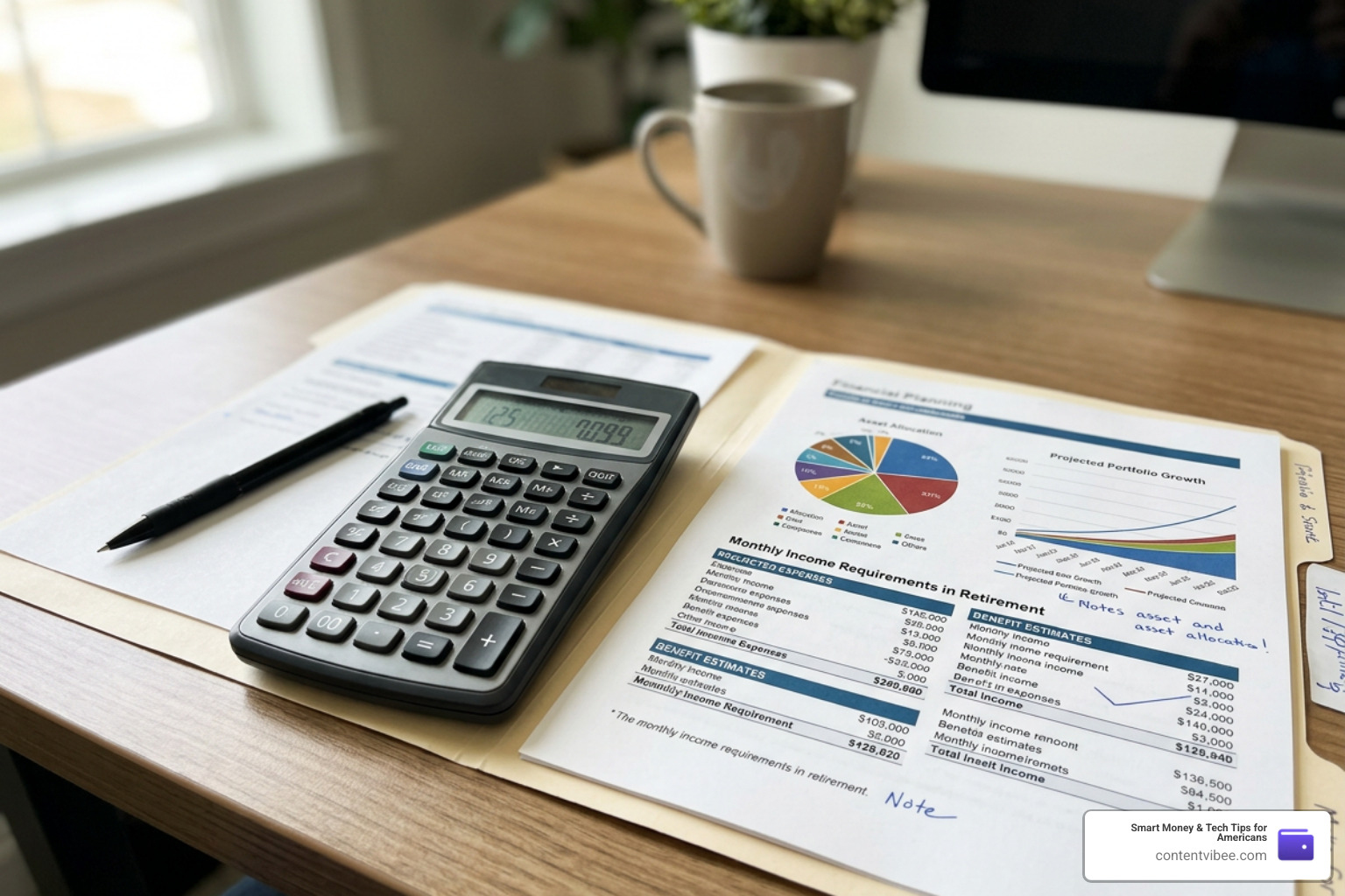 calculator and financial charts showing spousal benefit calculations