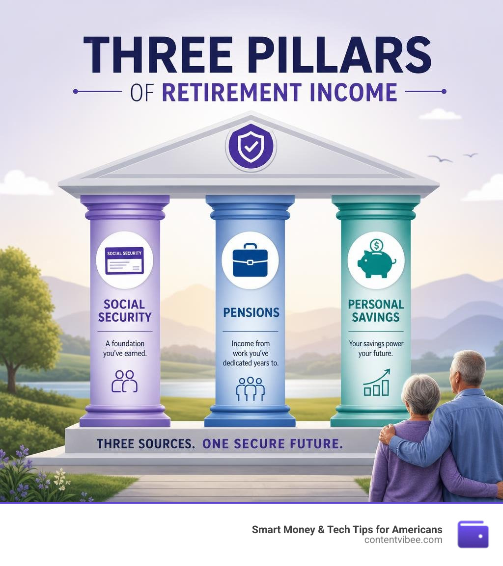 Three pillars of retirement income: Social Security, pensions, and personal savings infographic infographic Three pillars of retirement income: Social Security, pensions, and personal savings infographic infographic