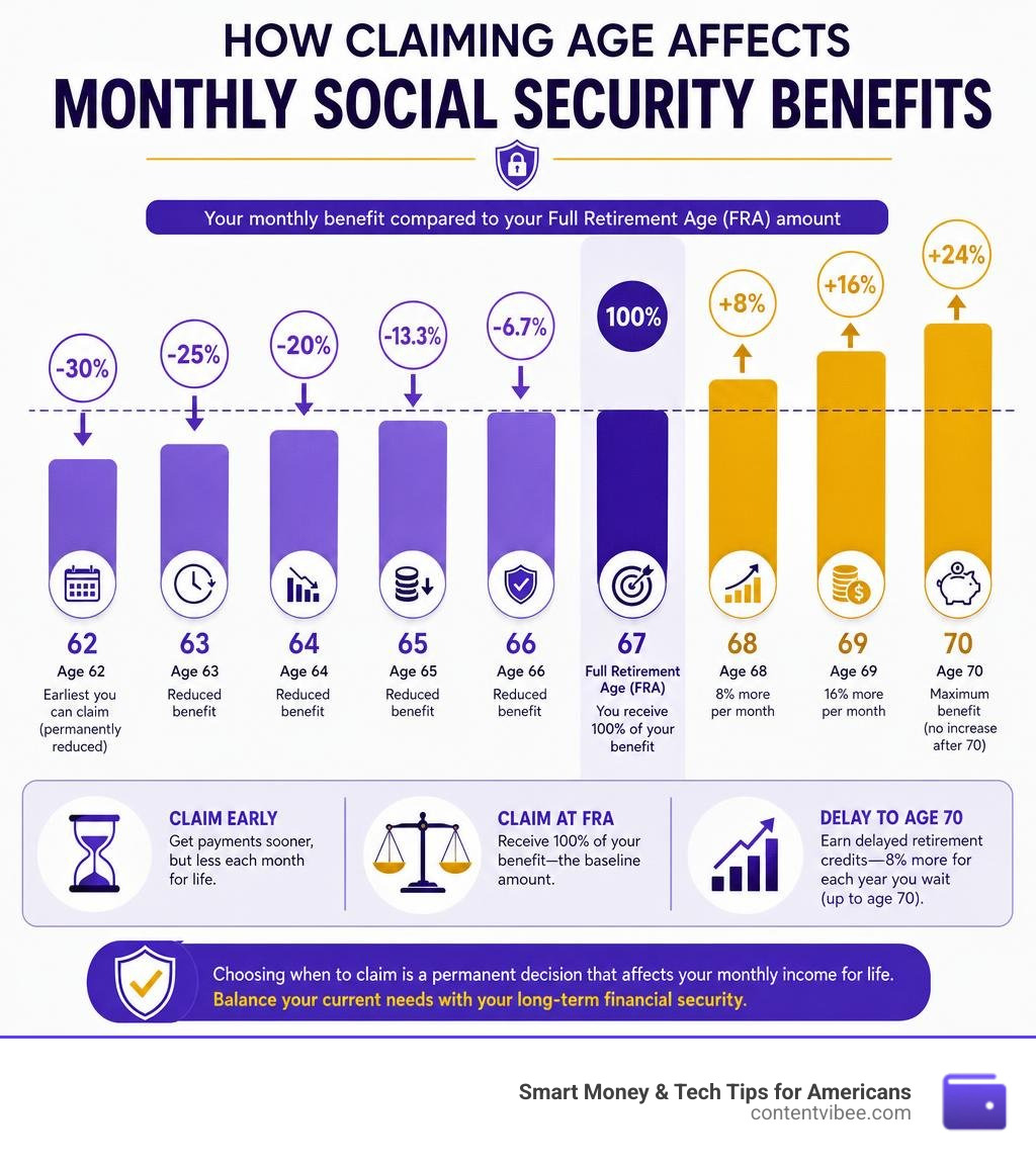 Infographic illustrating how claiming age affects monthly Social Security benefits from age 62 to 70 infographic Infographic illustrating how claiming age affects monthly Social Security benefits from age 62 to 70 infographic