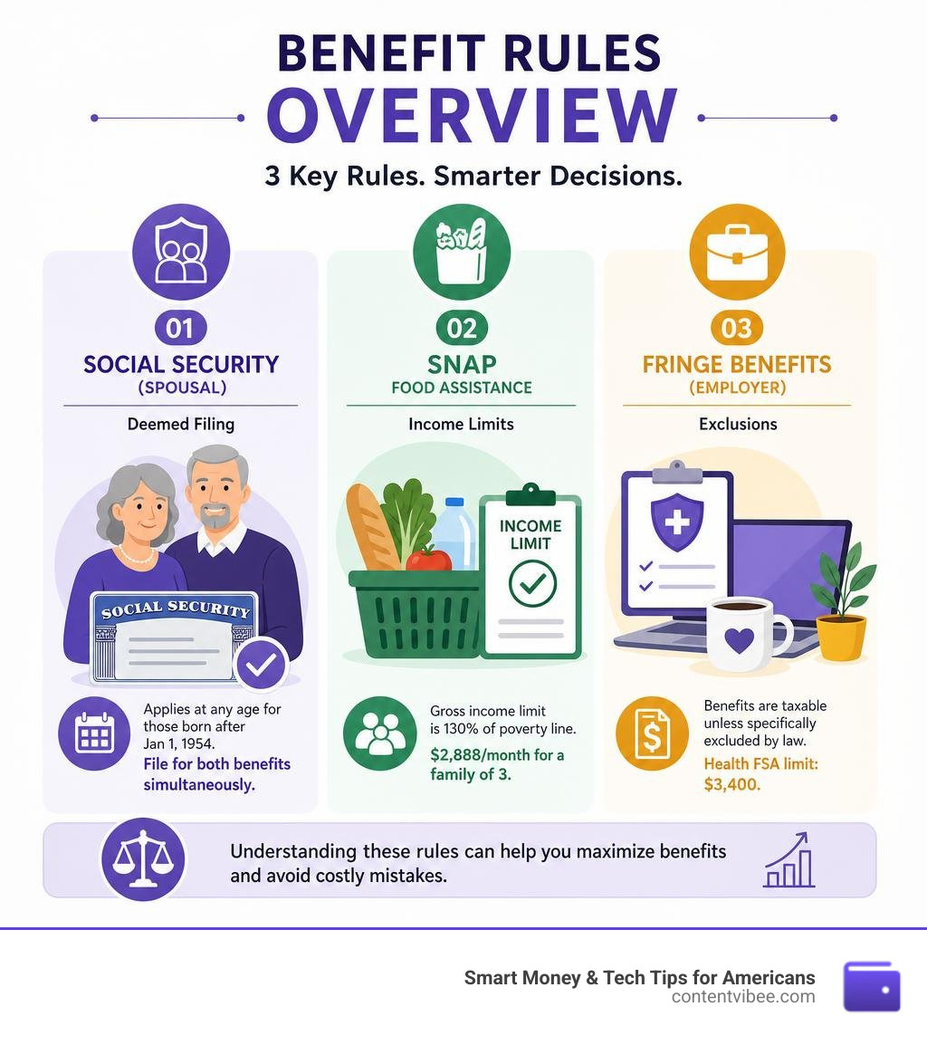 Benefit rules overview infographic: Social Security deemed filing, SNAP income limits, and fringe benefit exclusions Benefit rules overview infographic: Social Security deemed filing, SNAP income limits, and fringe benefit exclusions