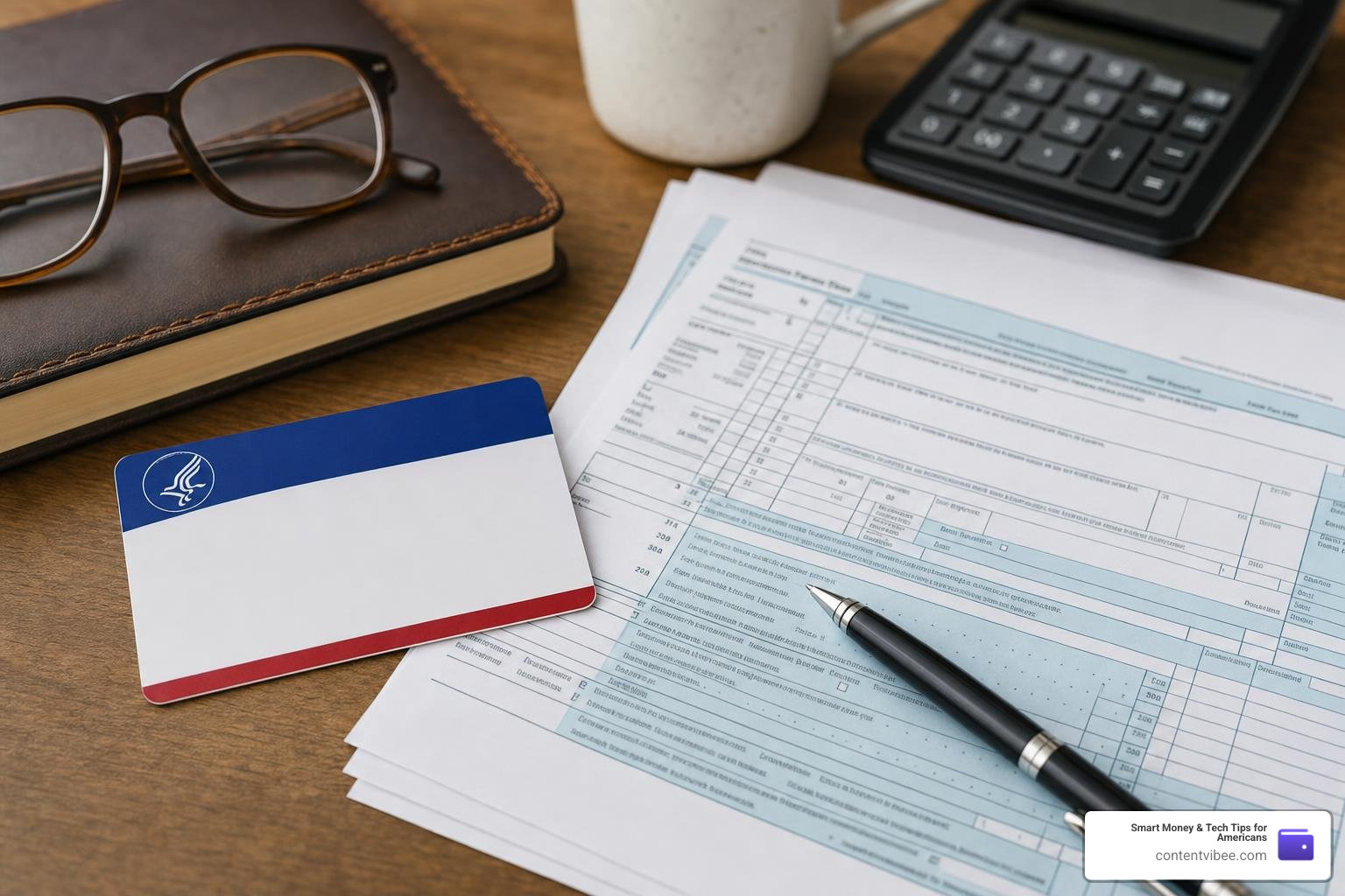 Medicare card and federal tax forms representing retirement planning coordination Medicare card and federal tax forms representing retirement planning coordination