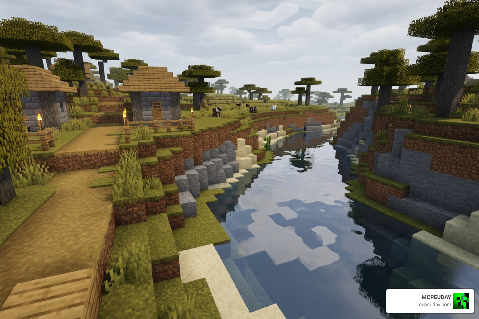 Minecraft gameplay showing realistic shadows and water reflections enabled by MBL2