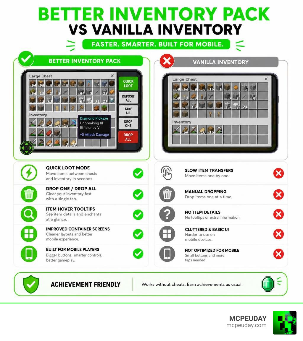 Infographic showing Better Inventory Pack features vs vanilla Minecraft inventory on mobile infographic