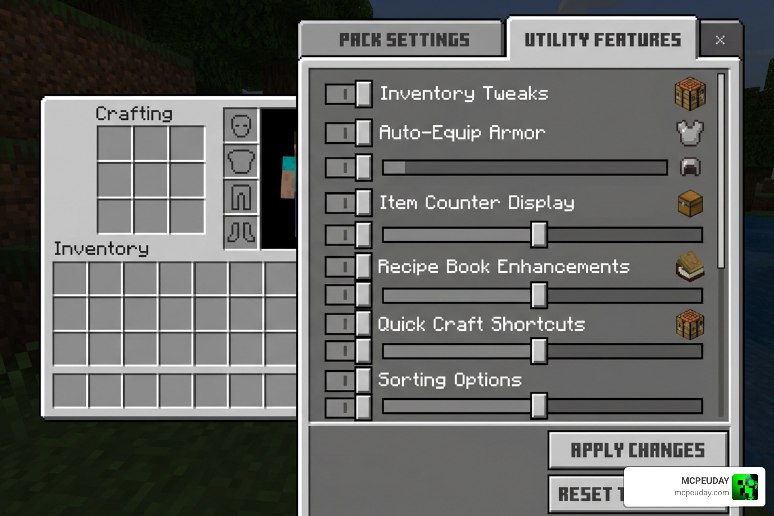 Utility Inventory Pack version settings menu in Minecraft Bedrock