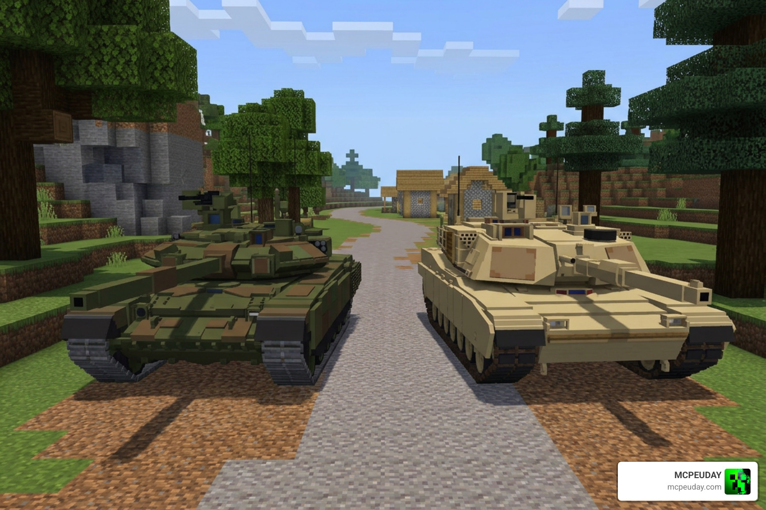 T-90M and M1A2 Abrams tanks lined up in Minecraft Bedrock Edition