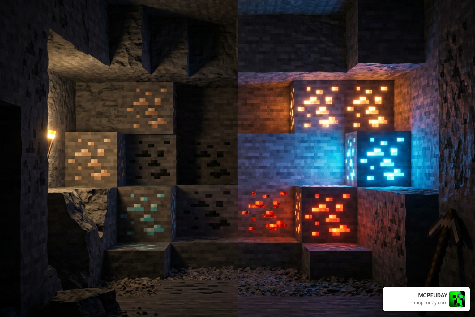 Comparison between standard vanilla ores and glowing ores in a dark cave