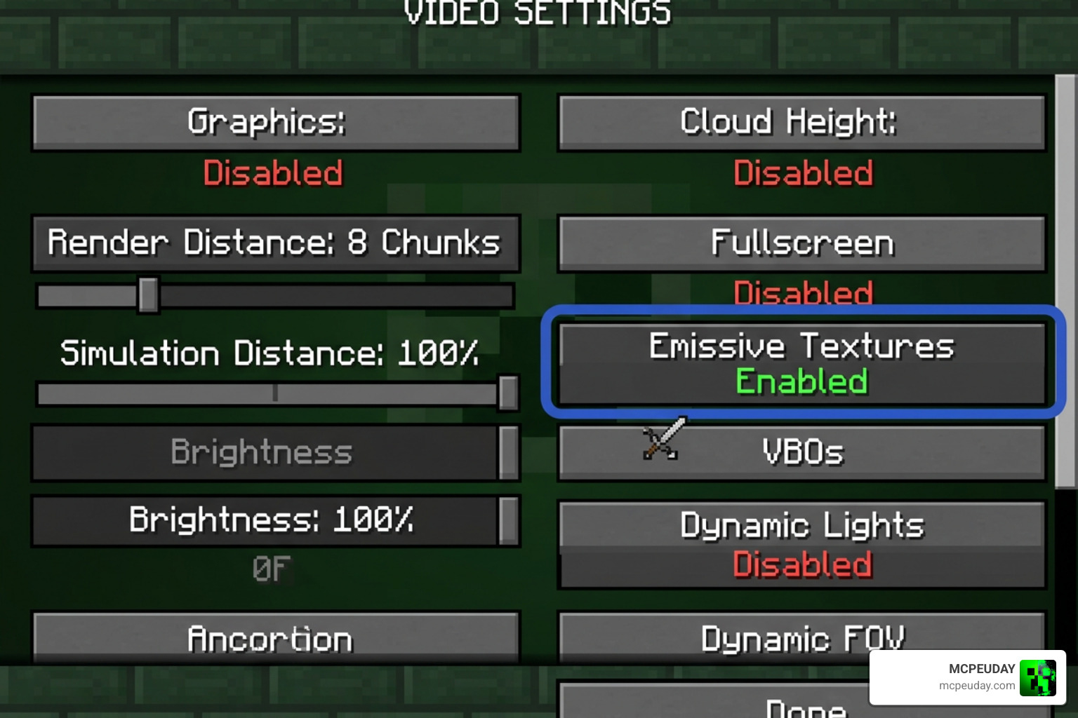 Configuration screen showing how to enable emissive textures in video settings