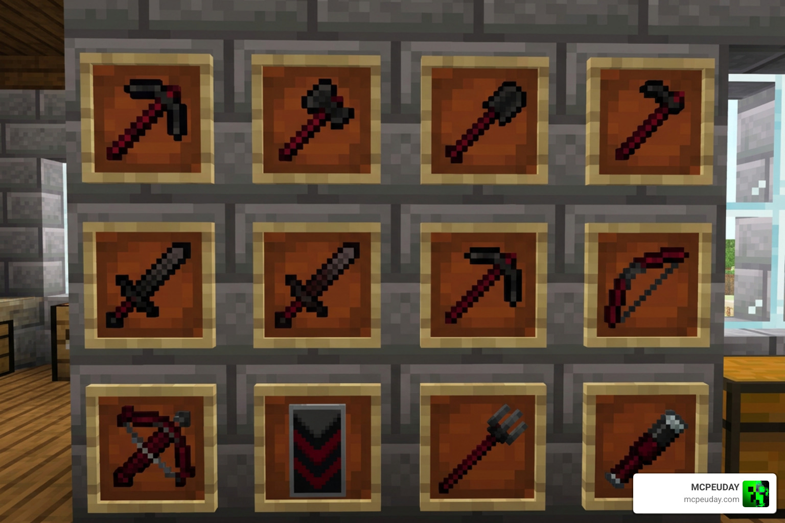 Cviko Fire Sea Tools custom weapons in item frames with dark red and black color scheme