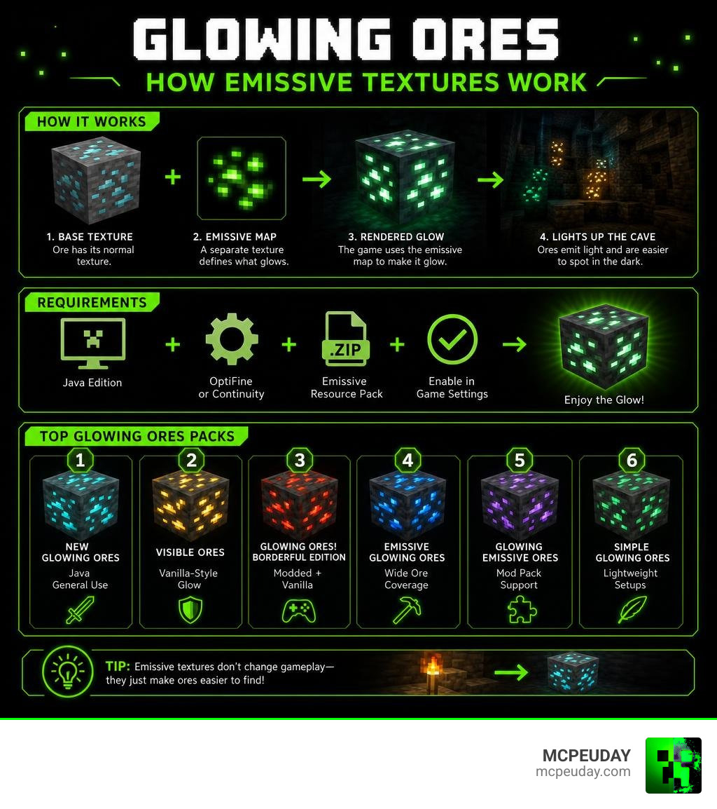 Infographic showing how emissive textures work in glowing ore packs, requirements, and top options infographic