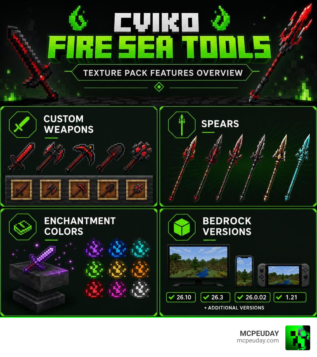 Cviko Fire Sea Tools Texture Pack features overview infographic: custom weapons, spears, enchantment colors, Bedrock