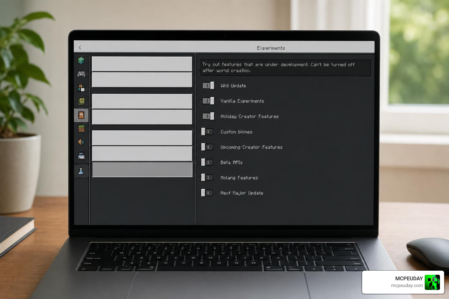 Minecraft experimental settings menu