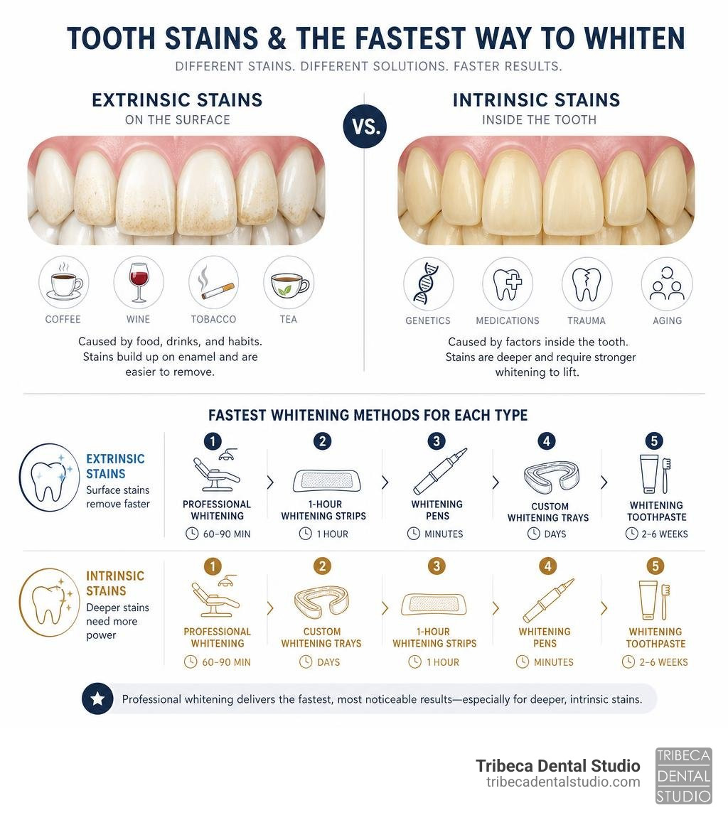 Infographic comparing extrinsic vs intrinsic tooth stains and fastest whitening methods for each infographic Infographic comparing extrinsic vs intrinsic tooth stains and fastest whitening methods for each infographic