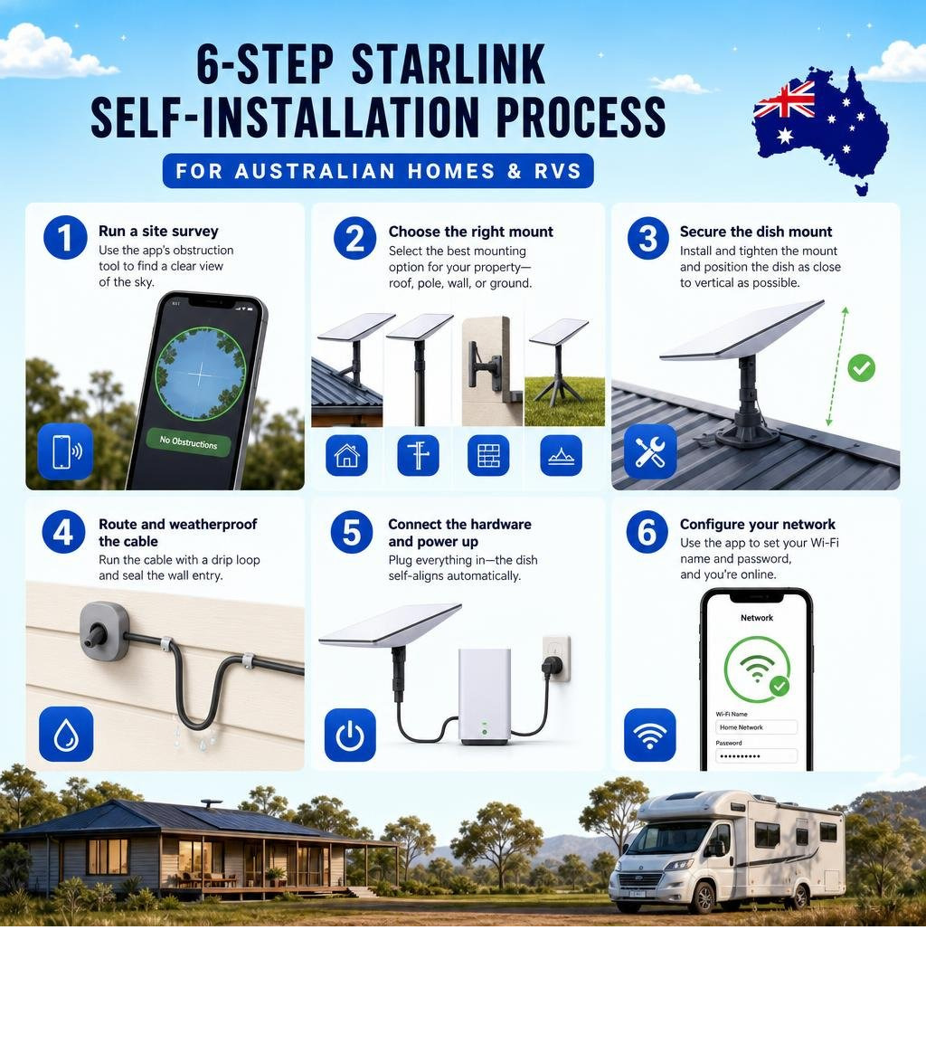 6-step Starlink self-installation process overview infographic for Australian homes and RVs infographic 6-step Starlink self-installation process overview infographic for Australian homes and RVs infographic