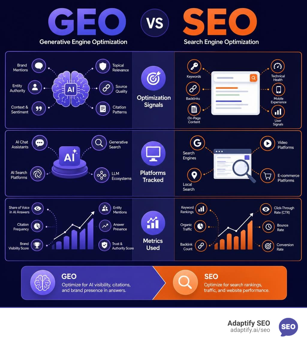 GEO vs SEO comparison infographic showing key differences in optimization signals, platforms tracked, and metrics used