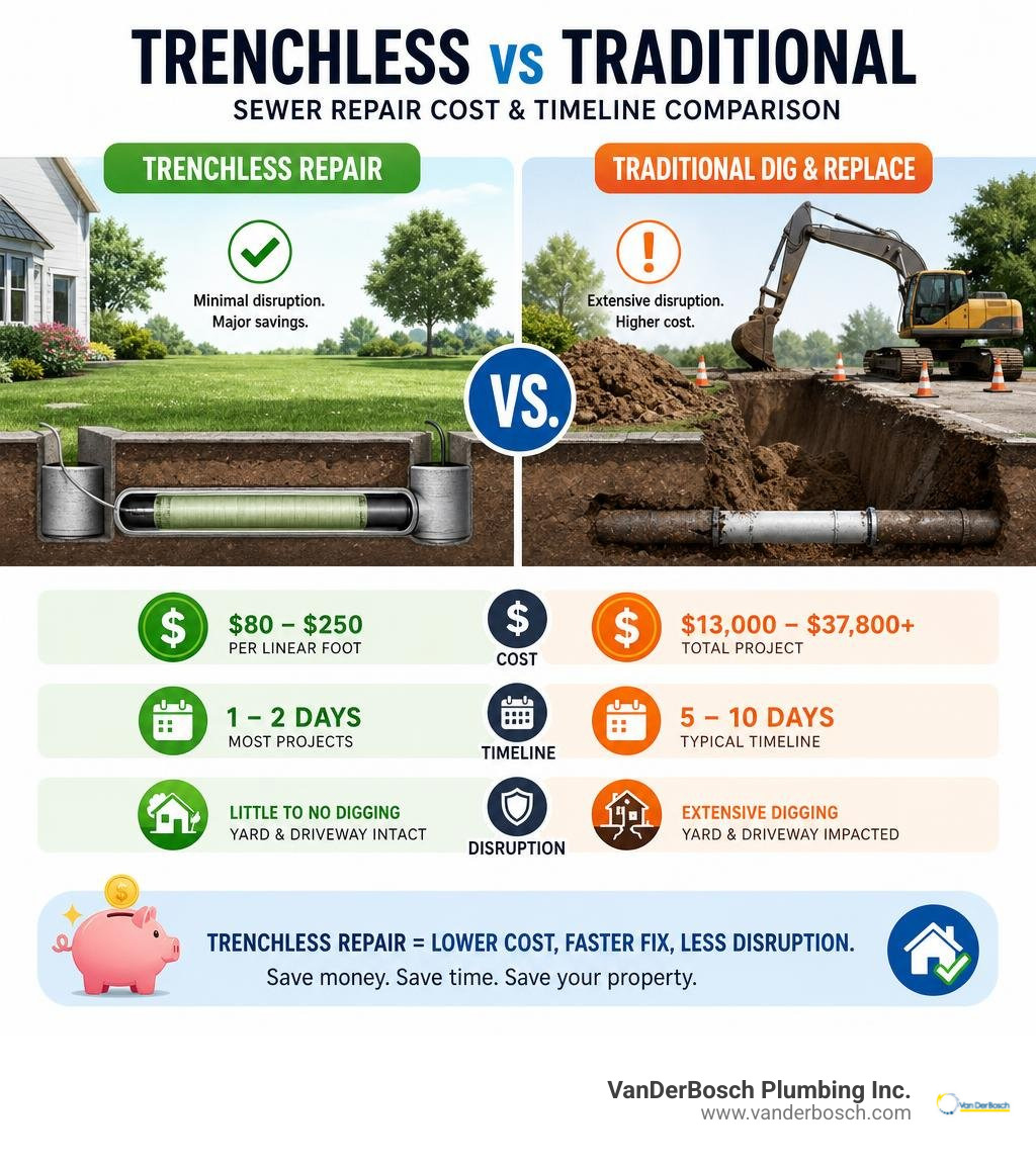 Infographic comparing trenchless vs traditional sewer repair costs and project timelines infographic