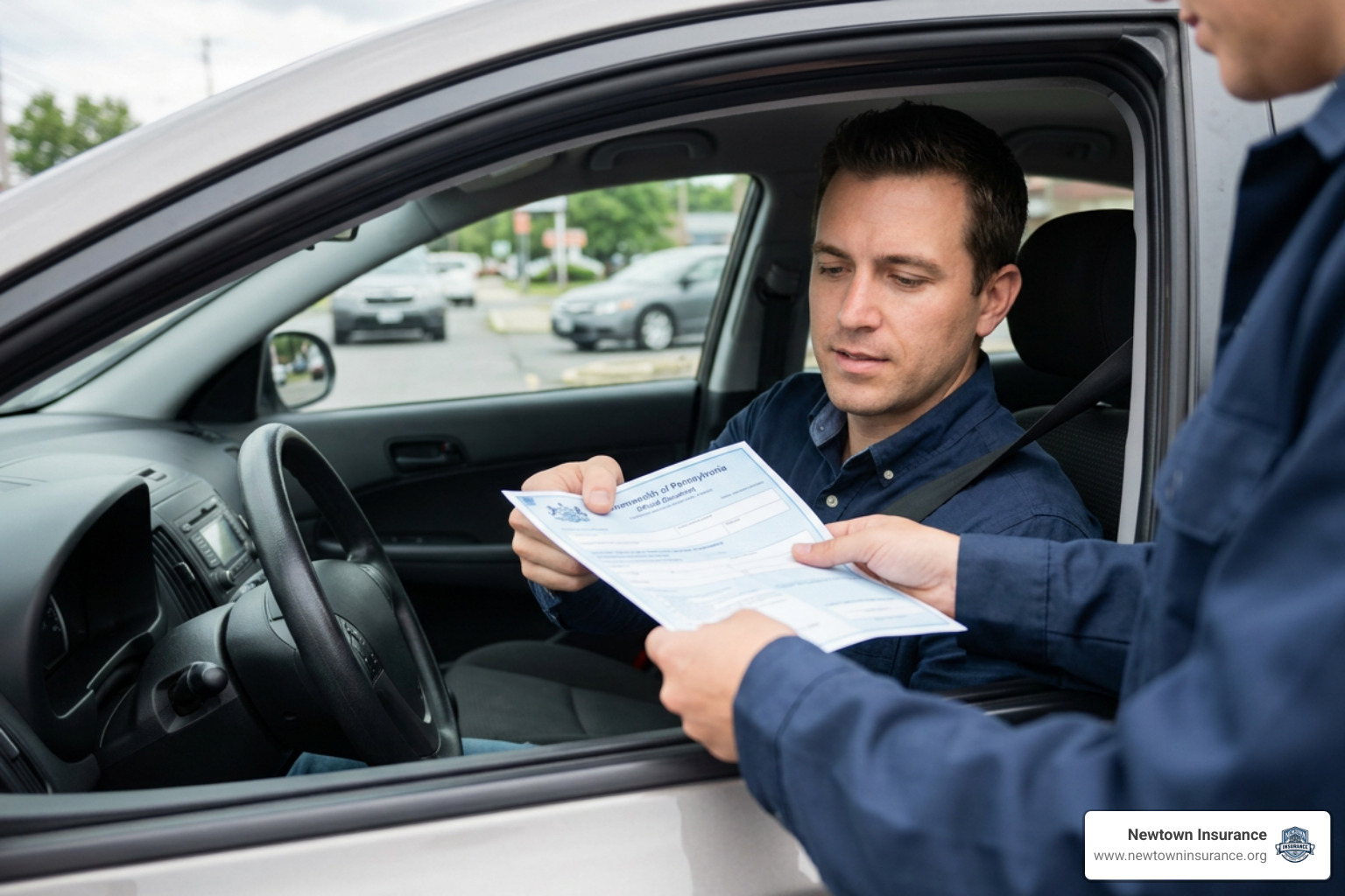 Driver receiving a PennDOT official document showing insurance compliance Driver receiving a PennDOT official document showing insurance compliance