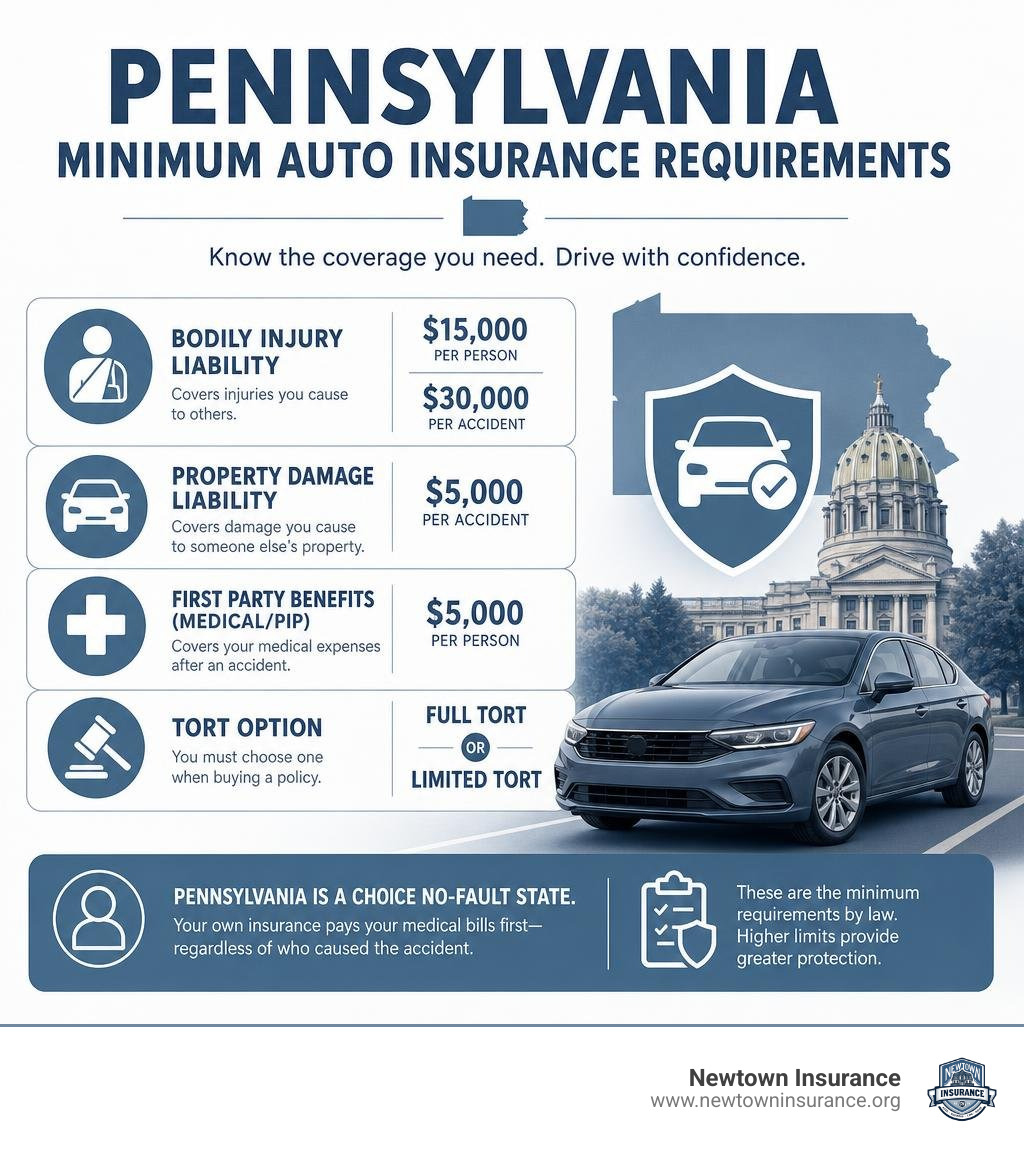 Infographic showing Pennsylvania minimum auto insurance requirements including liability limits and PIP coverage infographic Infographic showing Pennsylvania minimum auto insurance requirements including liability limits and PIP coverage infographic