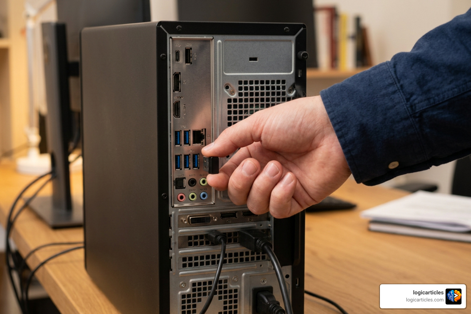 User plugging a USB receiver directly into a motherboard port on the back of a desktop computer User plugging a USB receiver directly into a motherboard port on the back of a desktop computer