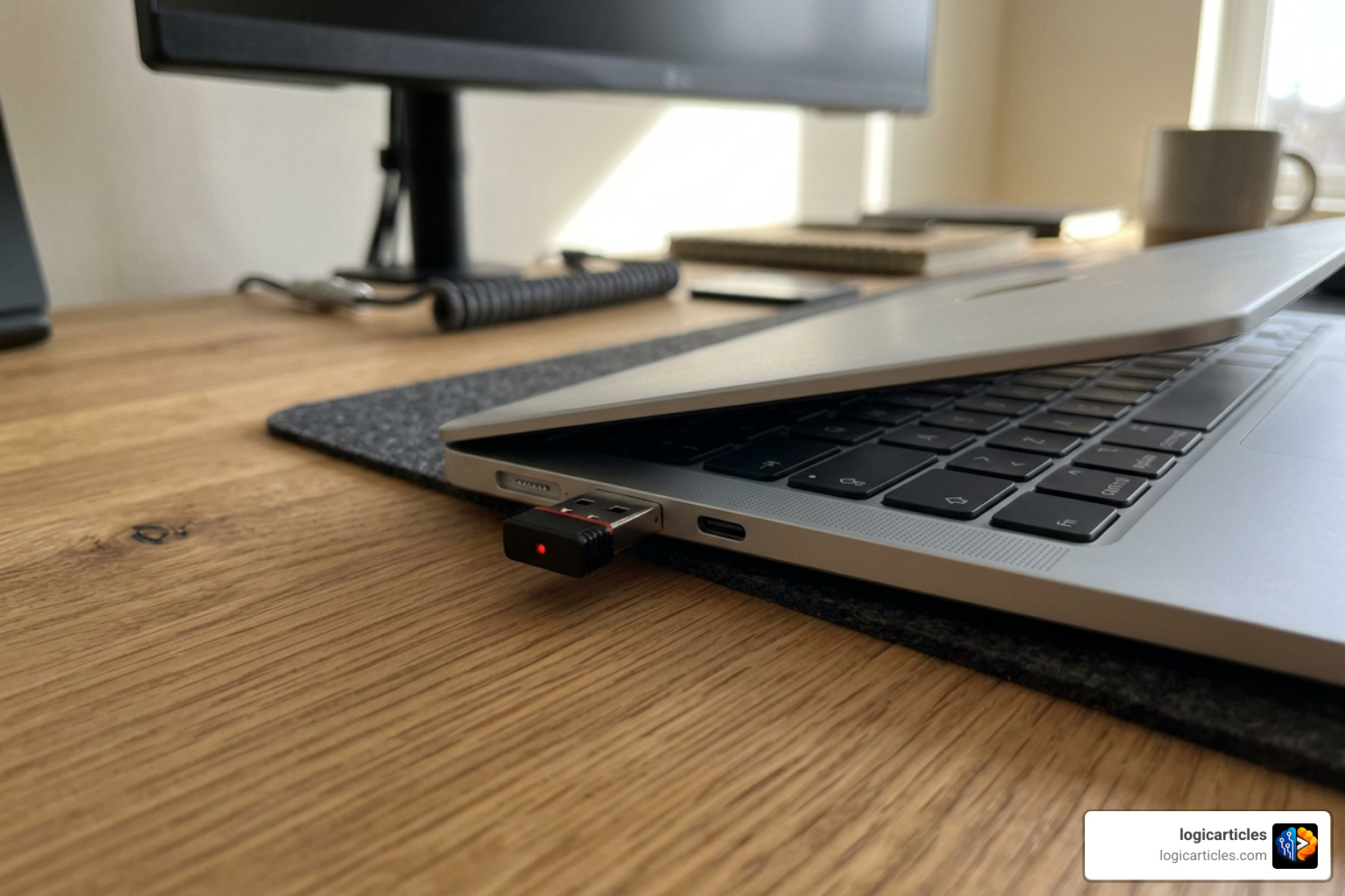 Logitech Unifying Receiver plugged into laptop USB port Logitech Unifying Receiver plugged into laptop USB port