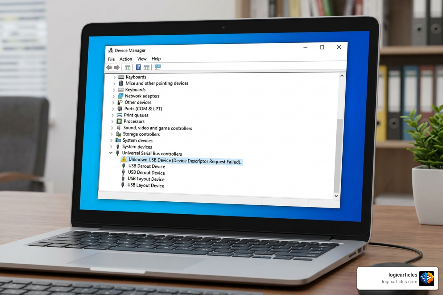 Windows Device Manager showing unrecognized USB device with a yellow exclamation mark Windows Device Manager showing unrecognized USB device with a yellow exclamation mark