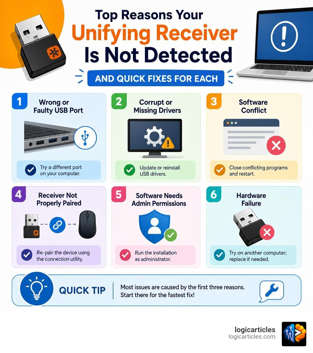 Infographic: Top reasons Logitech Unifying Receiver is not detected and quick fixes for each infographic Infographic: Top reasons Logitech Unifying Receiver is not detected and quick fixes for each infographic