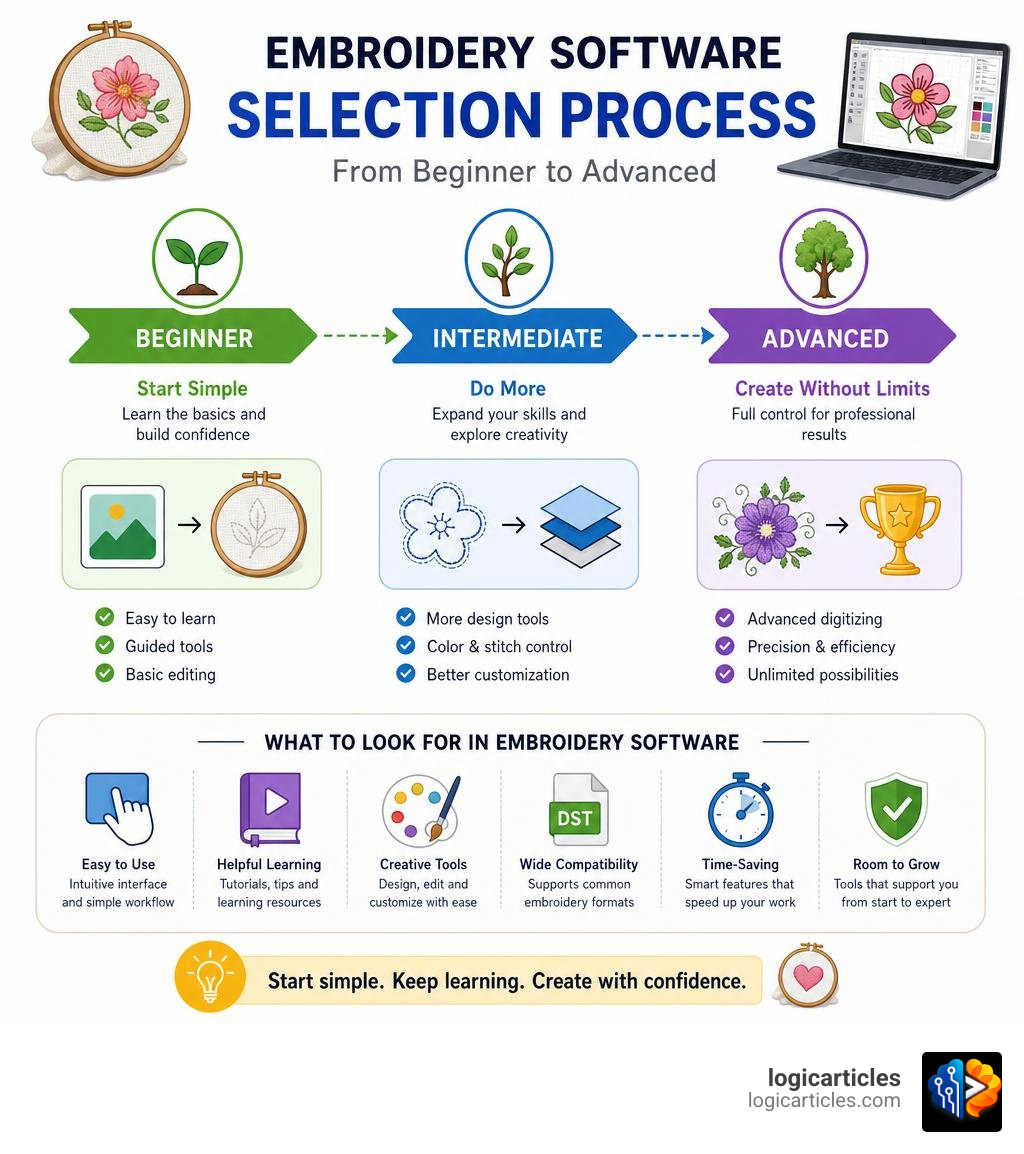 Infographic showing embroidery software selection process from beginner to advanced with key options infographic Infographic showing embroidery software selection process from beginner to advanced with key options infographic
