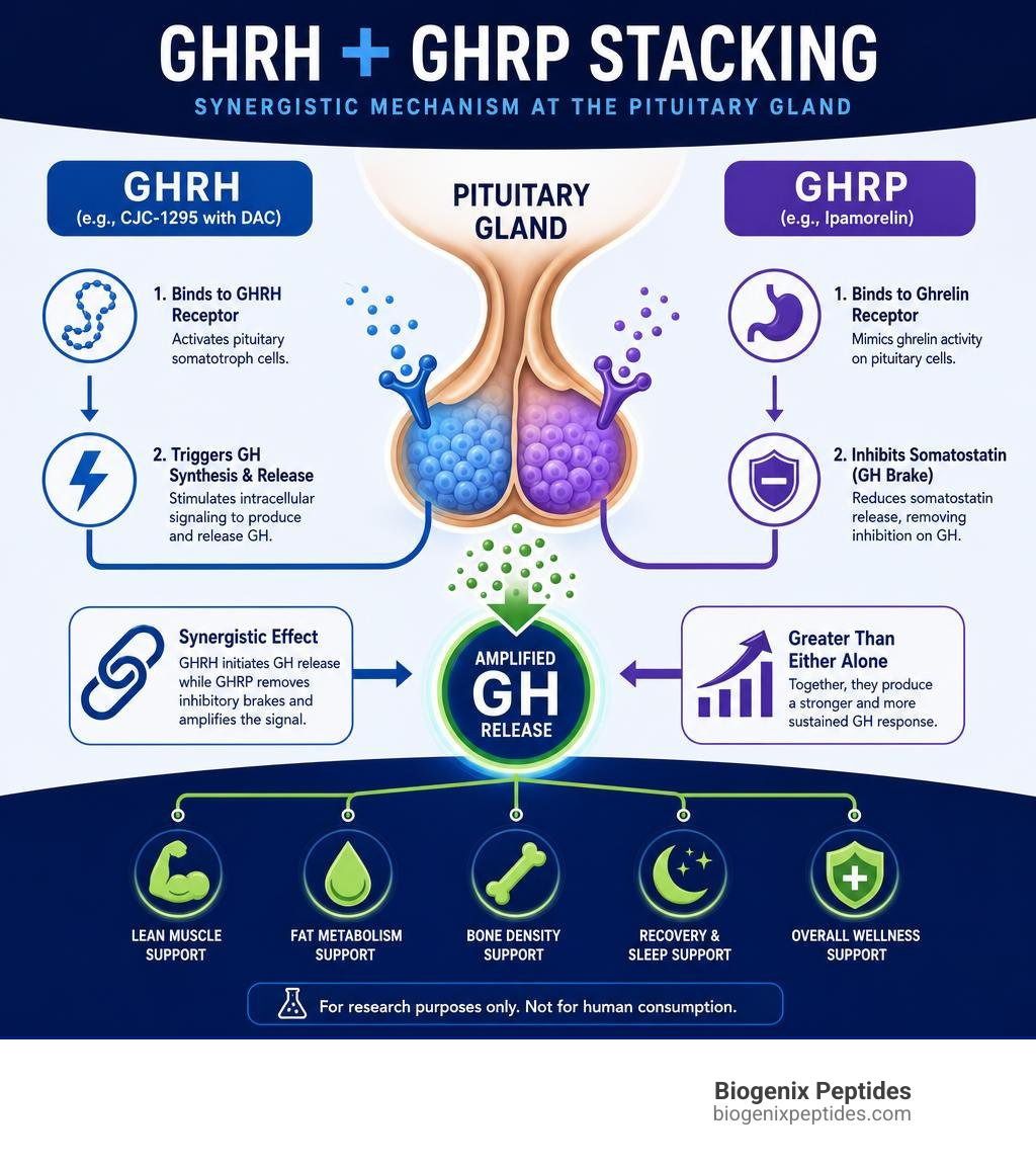 Infographic detailing the synergistic mechanism of GHRH and GHRP stacking on the pituitary gland infographic