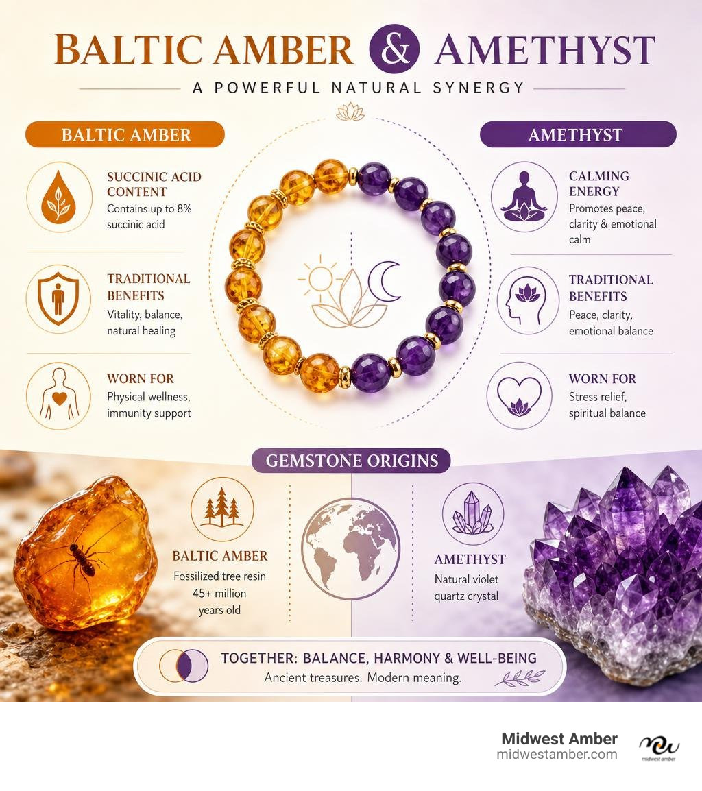Infographic showing Baltic amber and amethyst synergy: succinic acid content, calming benefits, and gemstone origins