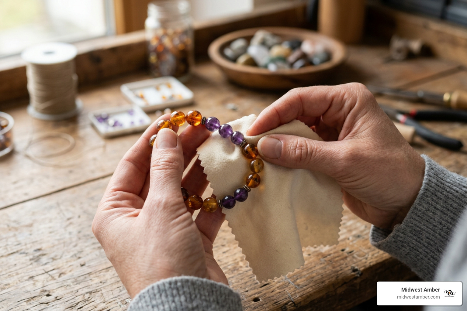 Polishing and cleaning amber and amethyst jewelry with a soft cloth