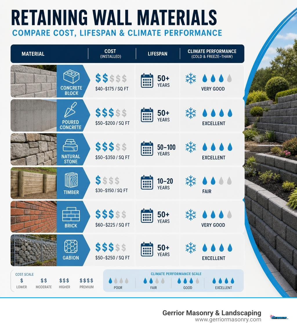 Infographic comparing retaining wall materials by cost, lifespan, and climate performance infographic