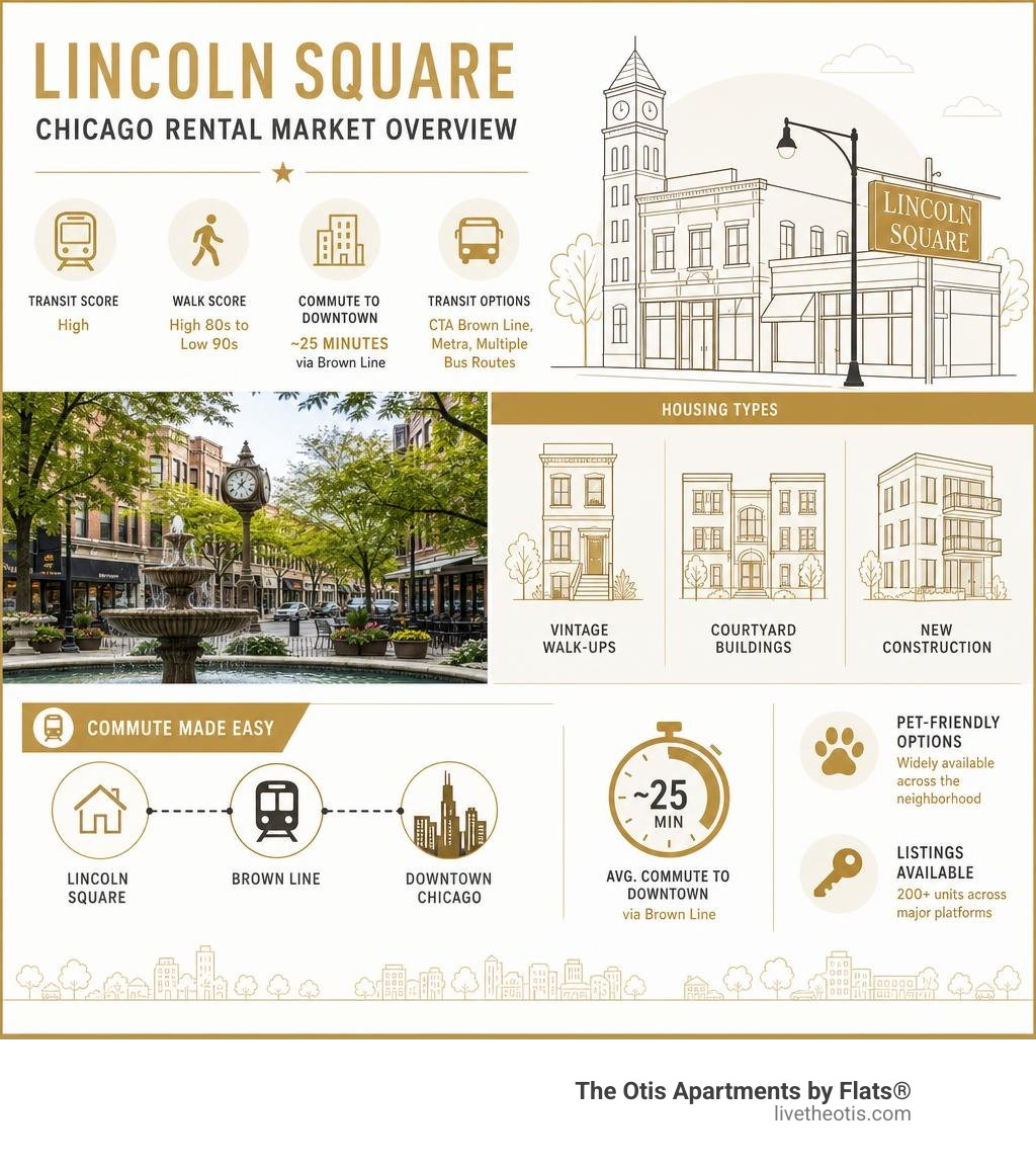 Lincoln Square Chicago rental market overview infographic with transit scores, walk scores, housing types, and commute times Lincoln Square Chicago rental market overview infographic with transit scores, walk scores, housing types, and commute times