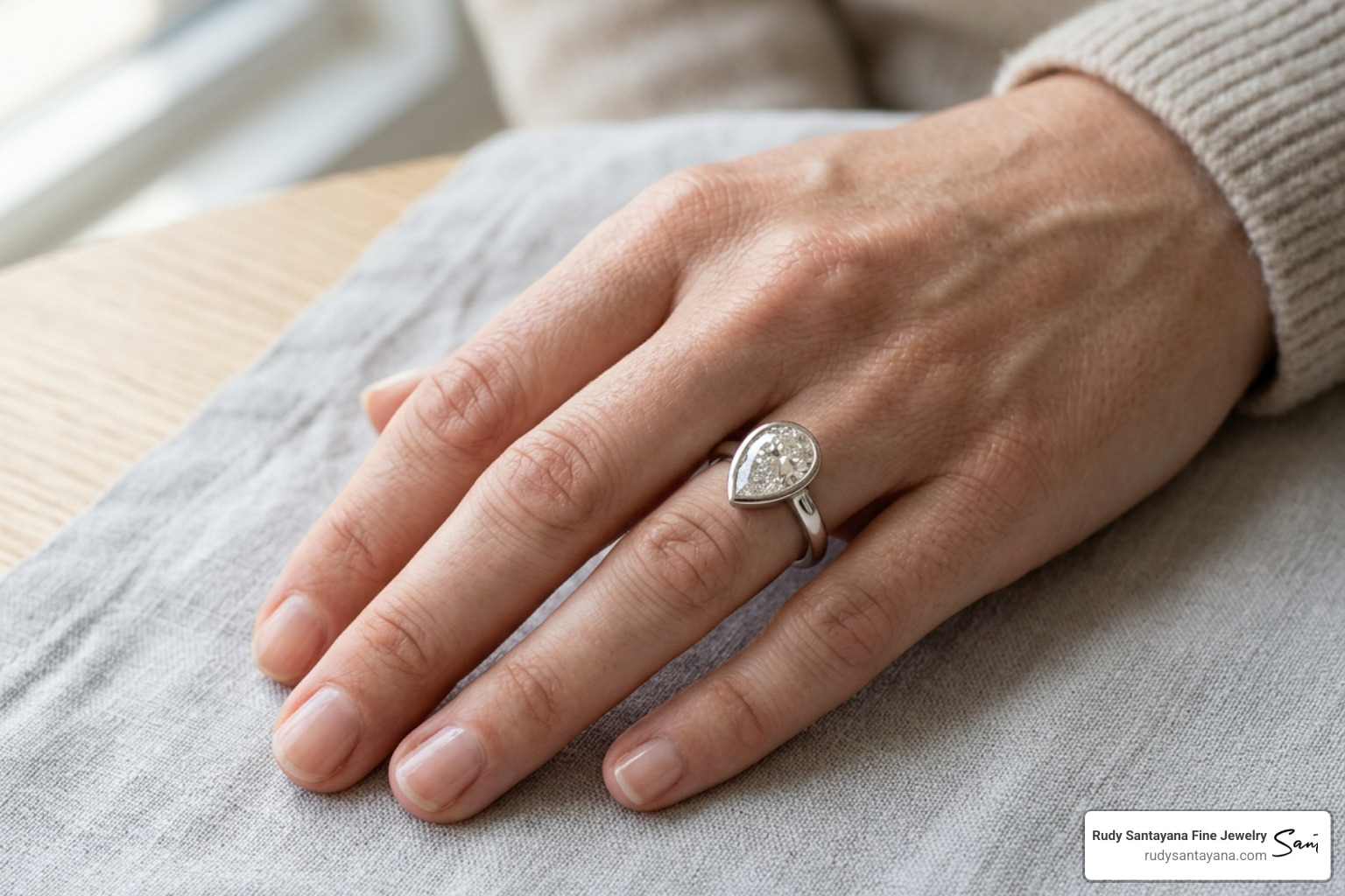secure bezel-set pear ring on hand
