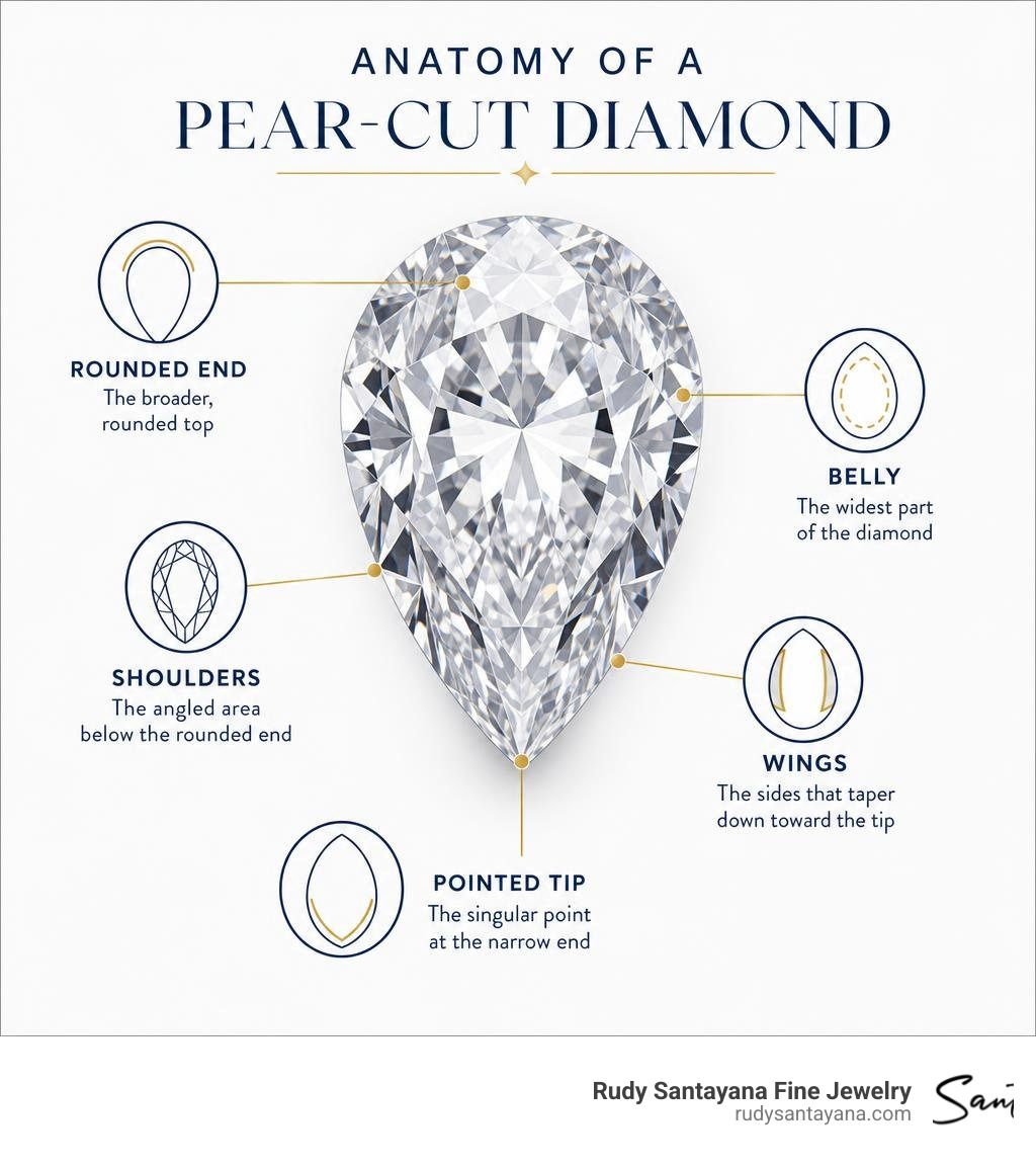 Anatomy of a pear-cut diamond infographic showing rounded end, belly, shoulders, wings, and pointed tip infographic