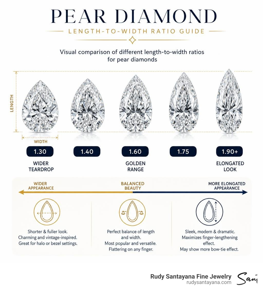 Visual comparison of different length-to-width ratios for pear diamonds infographic