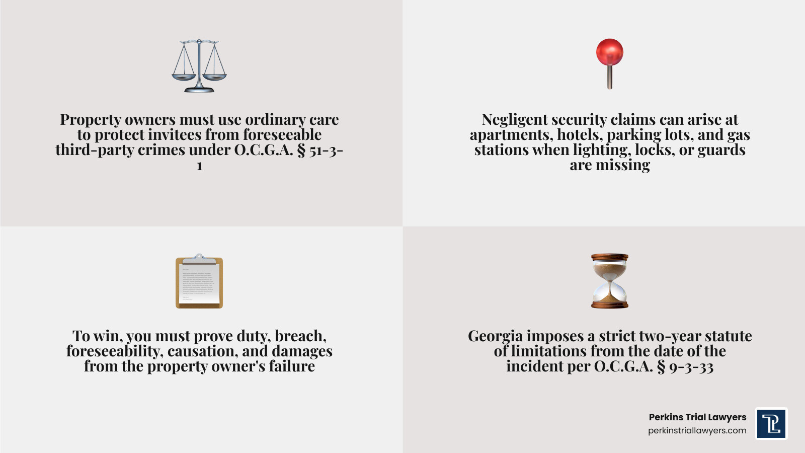 Infographic showing the basics of negligent security claims: definition, common locations, key elements to prove, and Infographic showing the basics of negligent security claims: definition, common locations, key elements to prove, and