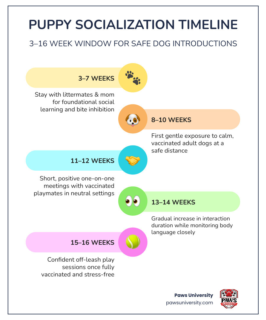 Timeline infographic of puppy socialization stages from 3 weeks to 16 weeks with key milestones infographic