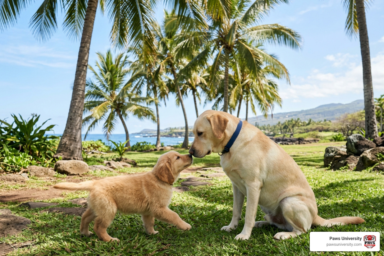 A puppy meeting a calm adult dog under palm trees on a sunny day in Hawaii County