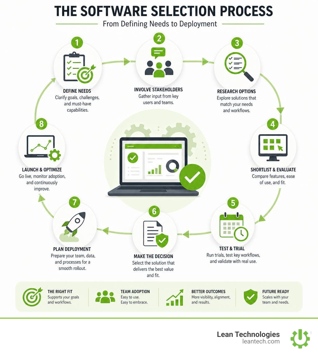 Infographic detailing the software selection process: from defining needs to testing and deployment infographic Infographic detailing the software selection process: from defining needs to testing and deployment infographic