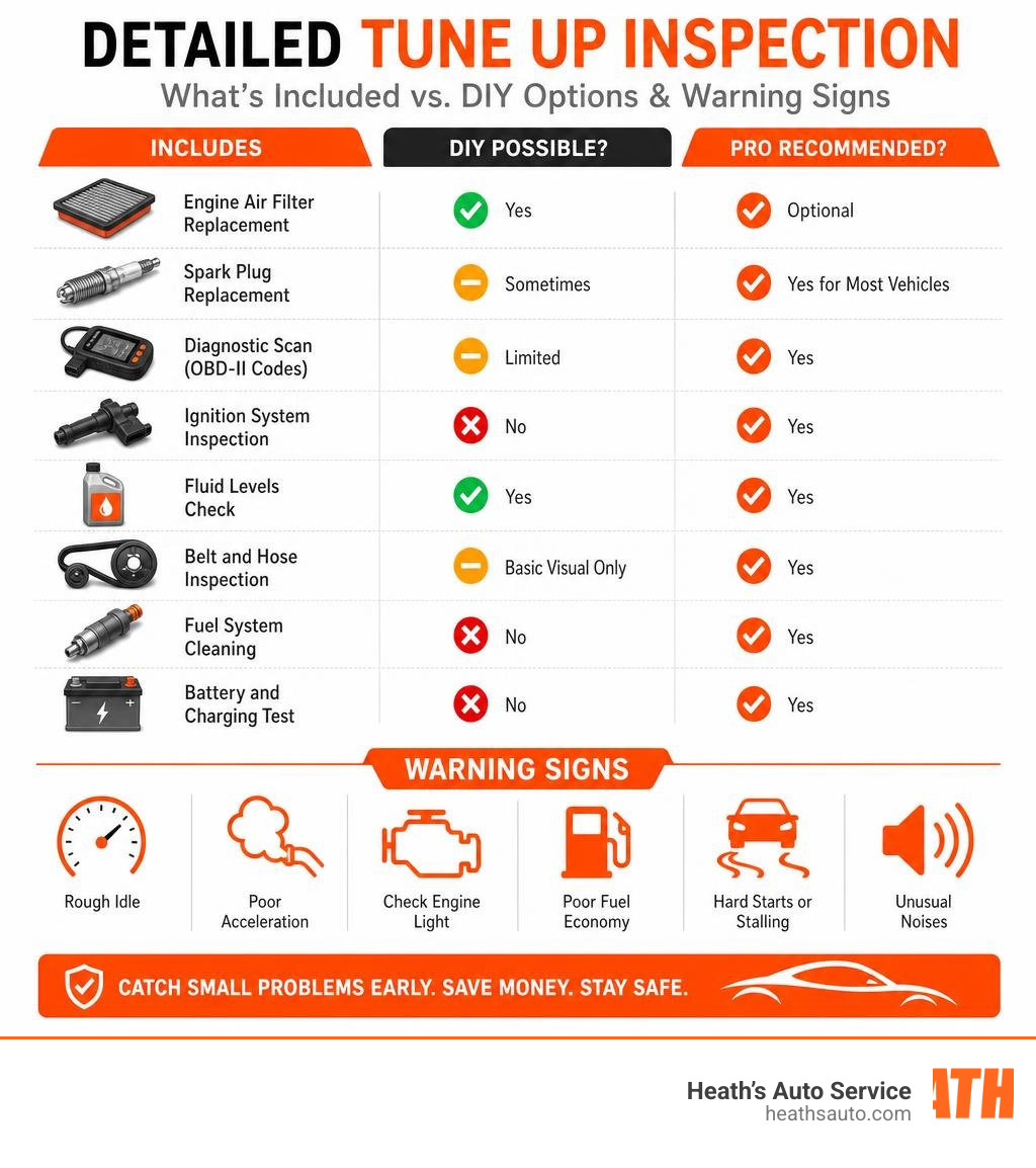 Infographic showing what a detailed tune up inspection includes vs. DIY options and warning signs infographic