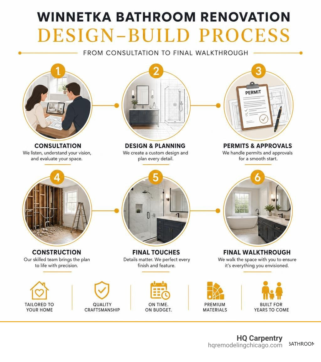 Winnetka bathroom renovation design-build process from consultation to final walkthrough infographic Winnetka bathroom renovation design-build process from consultation to final walkthrough infographic