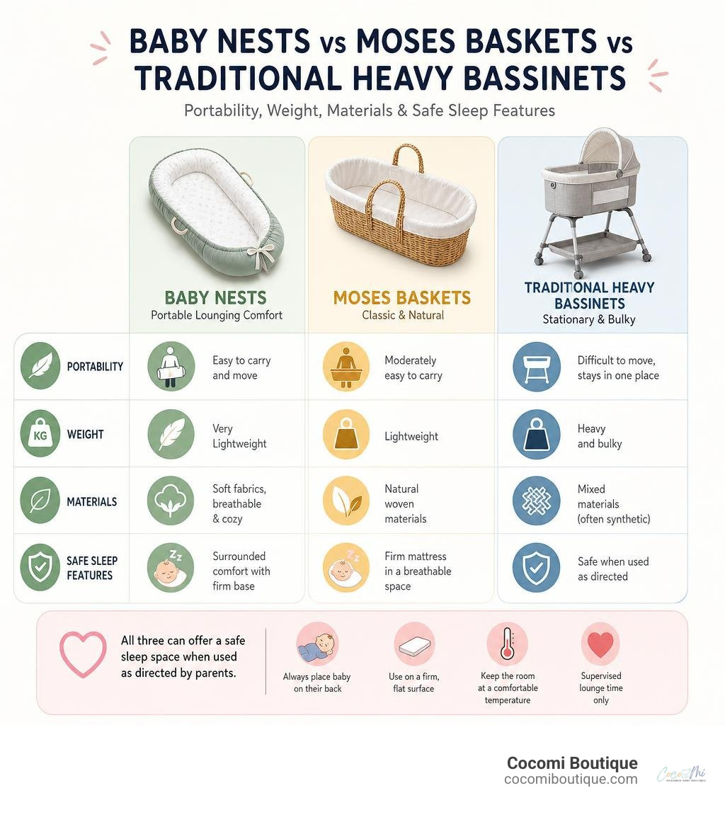 Comparison infographic: baby nests vs Moses baskets vs traditional heavy bassinets — portability, weight, materials, and