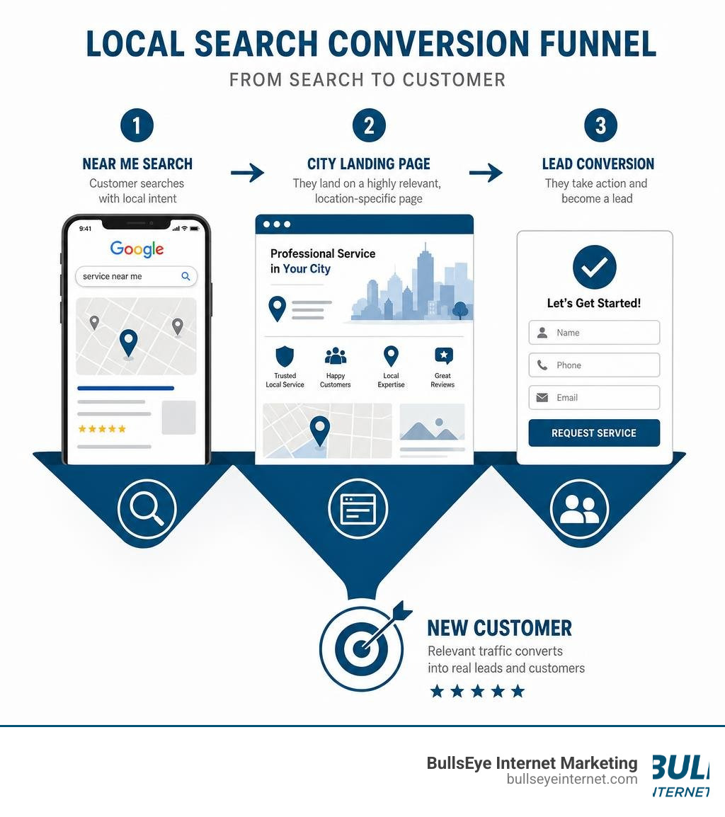 Local search conversion funnel showing near me search to city landing page to lead conversion steps infographic