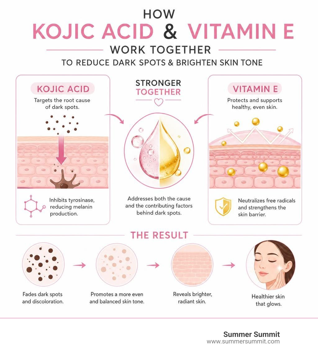 How kojic acid and vitamin E work together to reduce dark spots and brighten skin tone infographic How kojic acid and vitamin E work together to reduce dark spots and brighten skin tone infographic