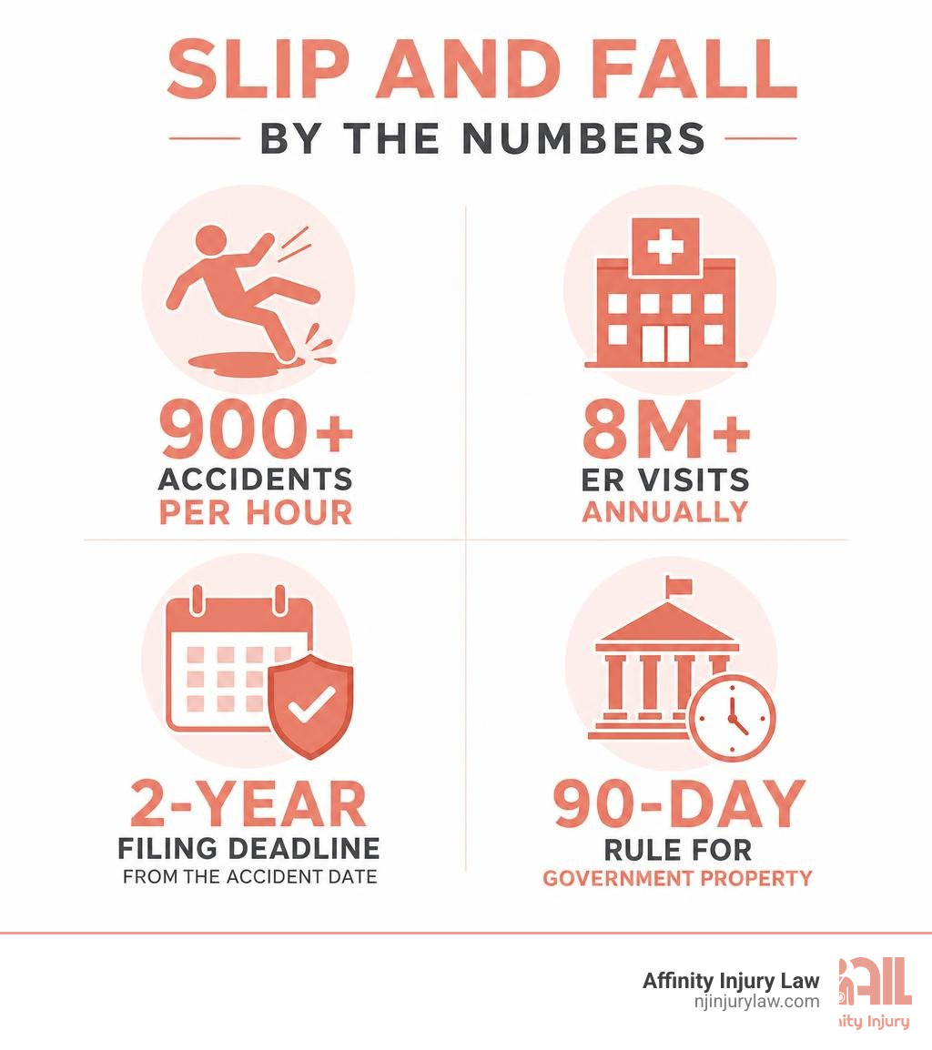Slip and fall statistics infographic: 900+ accidents per hour, 8M+ ER visits annually, 2-year filing deadline, 90-day rule