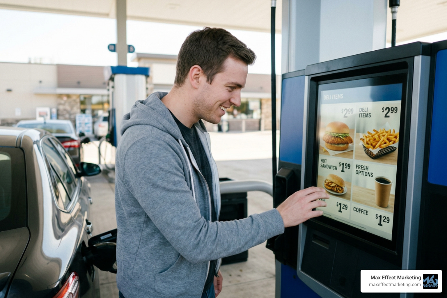 Customer captivated by a gas pump screen showing food options Customer captivated by a gas pump screen showing food options